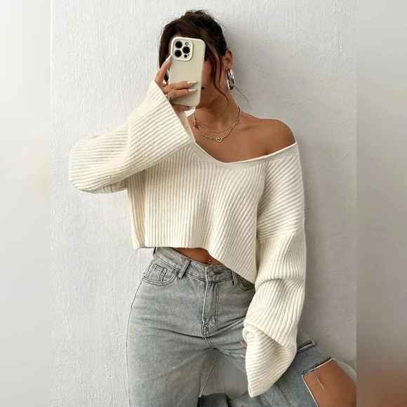 Solid Drop Shoulder Crop Ribbed Knit Sweater - Picture 5 of 6